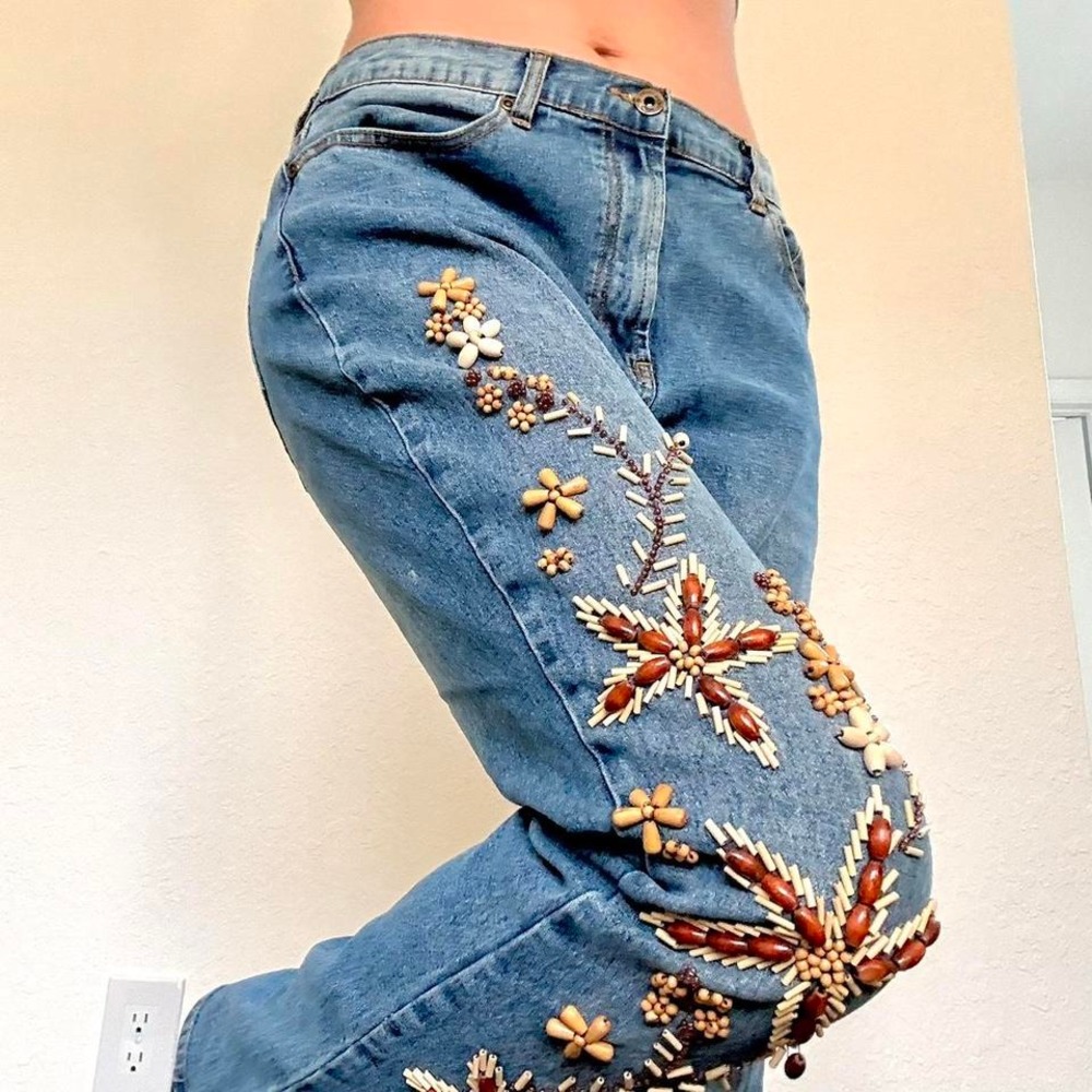 Y2K Beaded Floral Embroidered Jeans – Straight Leg Statement Denim